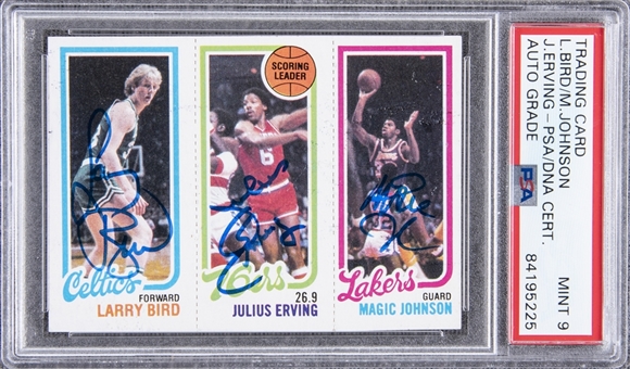 1980-81 Topps Larry Bird, Julius Erving and Magic Johnson Rookie Card – Signed by All Three Hall of Famers! – PSA/DNA MINT 9